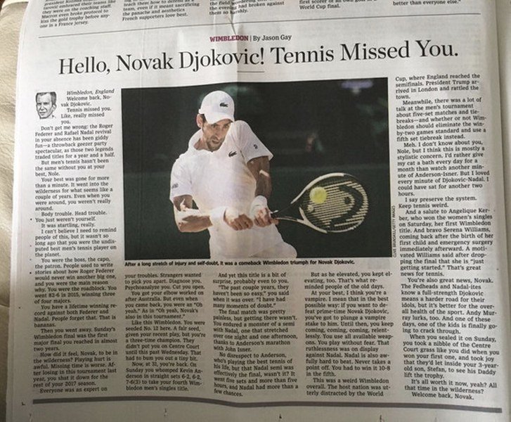 Američki časopis objavio najbolji tekst o Novaku -Nedostajao si tenisu-!