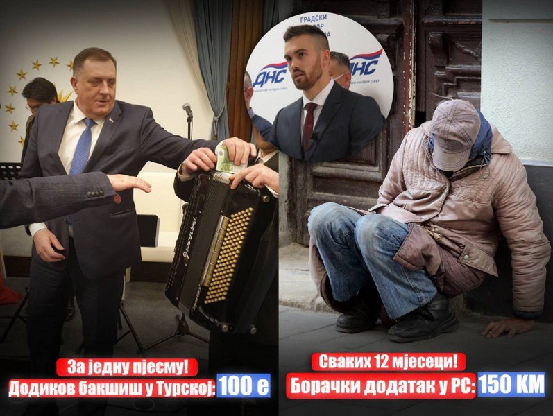 Dodik bahati gospodar gladi - 100 evra za muziku, borcima 150 KM za godinu dana!