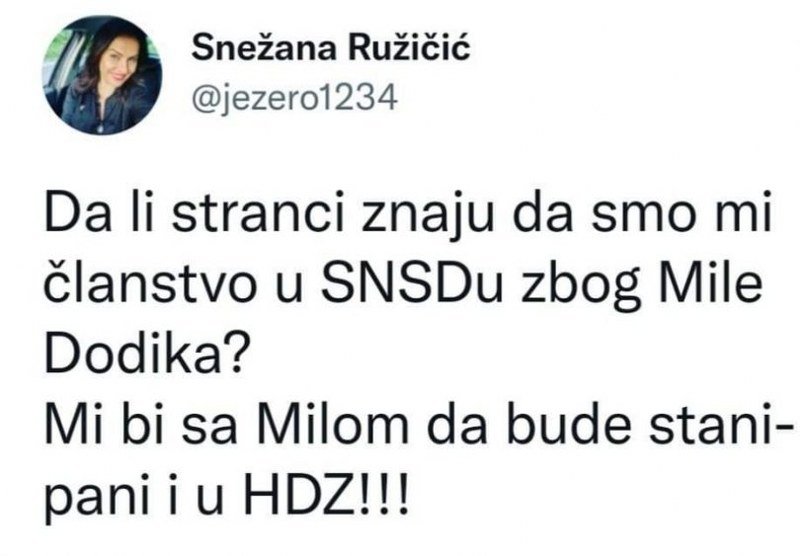 Da li stranci znaju da smo mi u SNSD zbog Mile Dodika? Mi bi sa njim ako bude stani-pani i u HDZ??